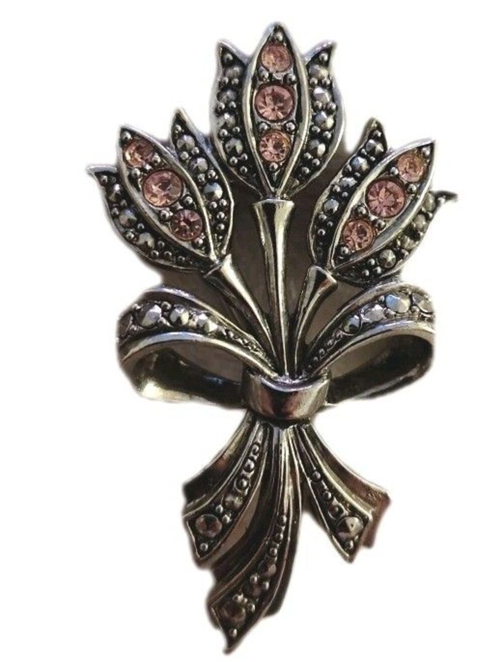 Vintage AVON Pink Tulips Brooch Silver Tone Faux Marcasite & Rhinestones